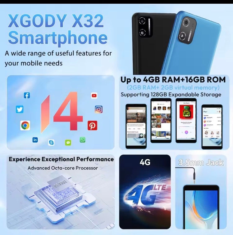 XGODY X32 Android 14 Smartphone 5.5 Inch Dual SIM 4G Octa Core 4GB+16GB Colour Black
