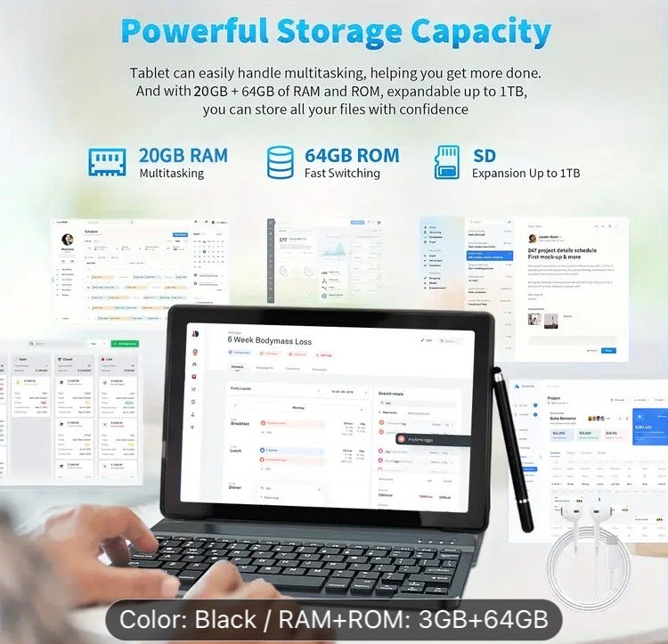 10.1 Inch Android 15 Tablet, Android Tablet, 20 (3+17)GB RAM, 64GB ROM,1TB Expandable, Dynamic Halo, Face lD Unlock, Octa-Core/Quad-Core, 5000mAh Battery, 5MP+8MP Dual Cameras, Keyboard,Mouse,Case,Stylus pen, Office Essential, The Perfect Christmas Gift,