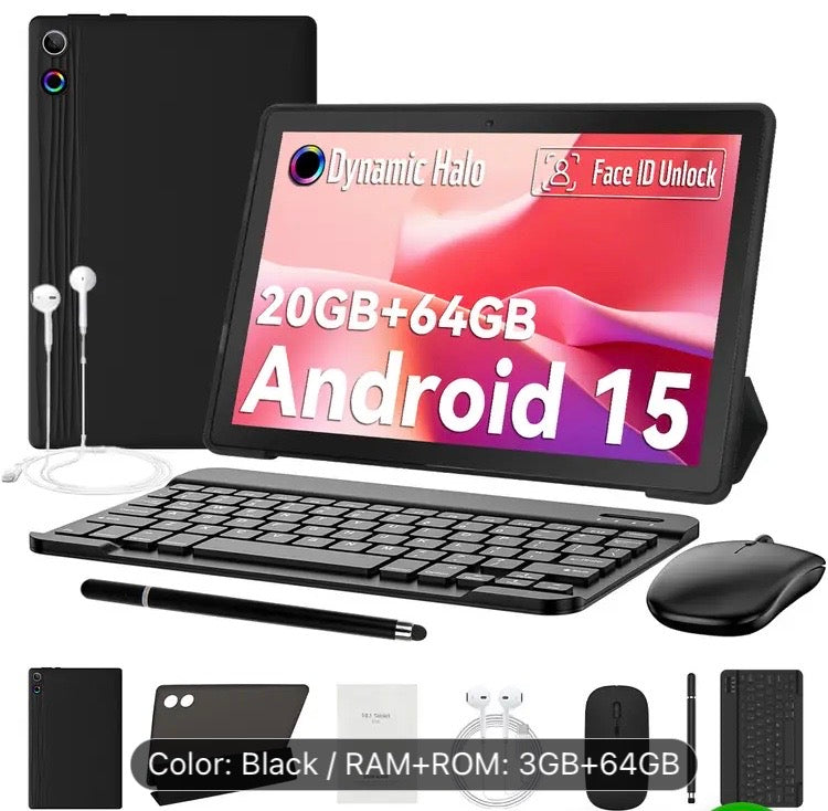 10.1 Inch Android 15 Tablet, Android Tablet, 20 (3+17)GB RAM, 64GB ROM,1TB Expandable, Dynamic Halo, Face lD Unlock, Octa-Core/Quad-Core, 5000mAh Battery, 5MP+8MP Dual Cameras, Keyboard,Mouse,Case,Stylus pen, Office Essential, The Perfect Christmas Gift,