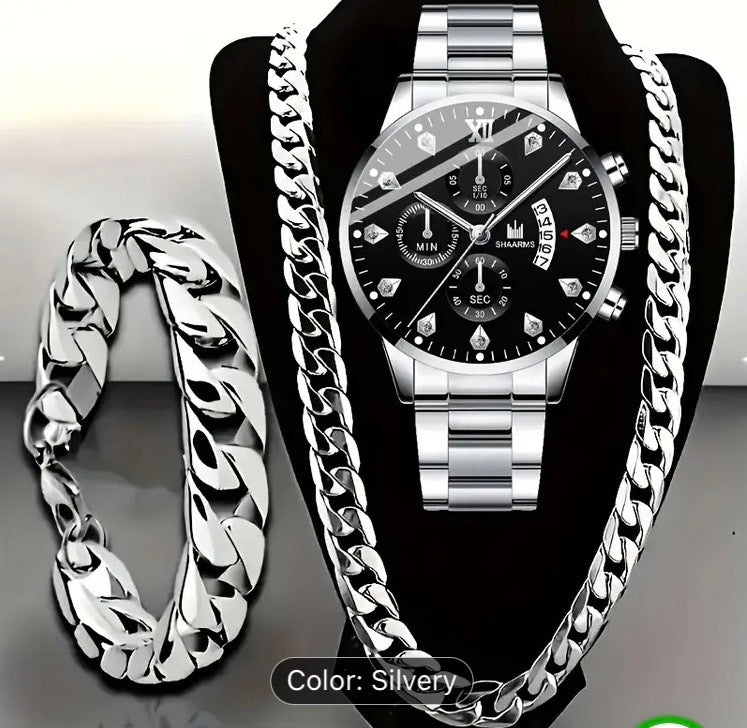 3pcs HIKUN Men's Luxury Watch & Matching Chain - Quartz Analog Watch