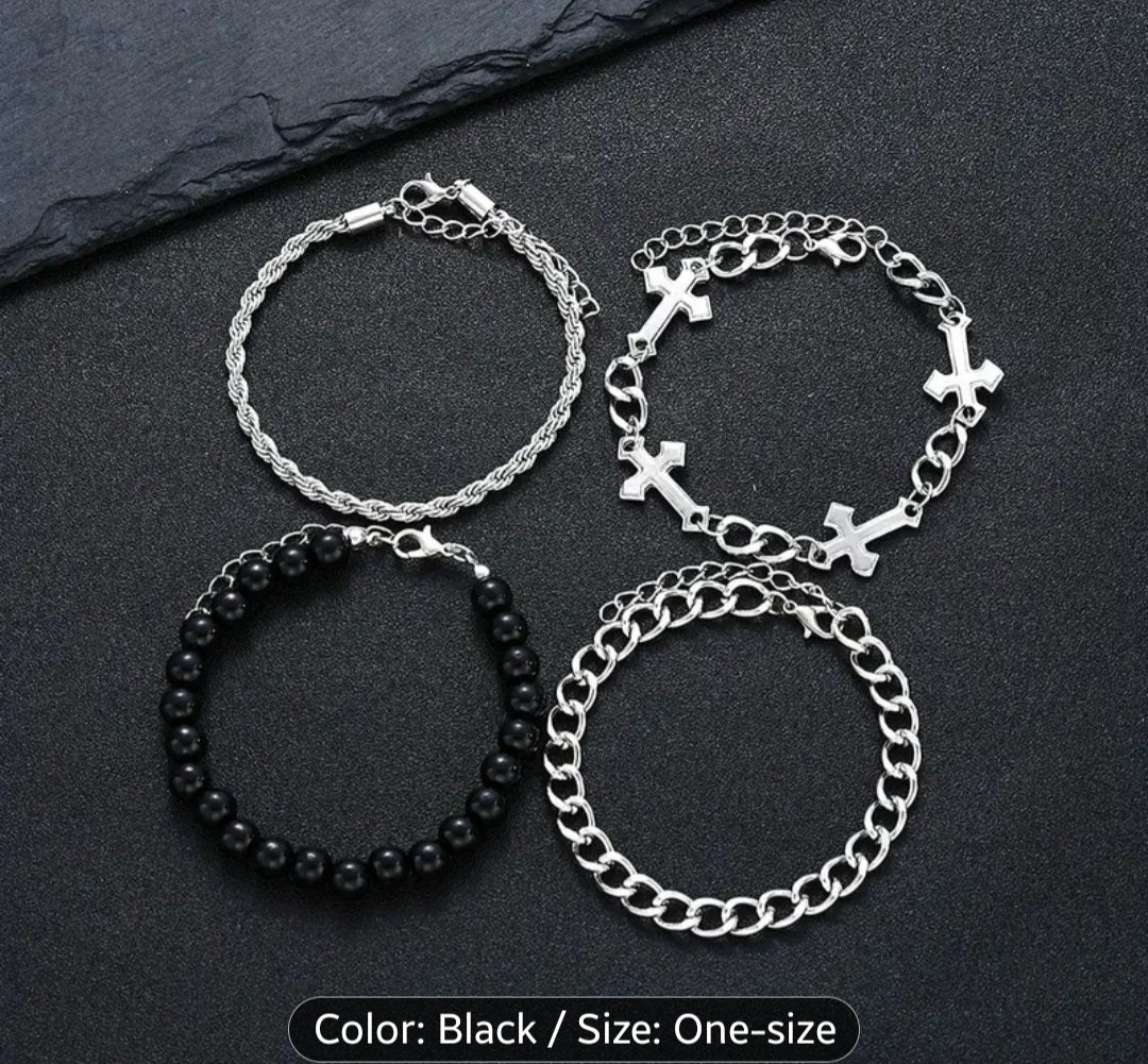 4pcs Men's Cross Bead Bracelet Set - Layered Stackable Multi-Style Chains (Cross, Beads) for Casual & Dressy Wear, Everyday Gift for Boyfriend, Dad, Husband - Durable & Versatile Layered for Parties, Dates