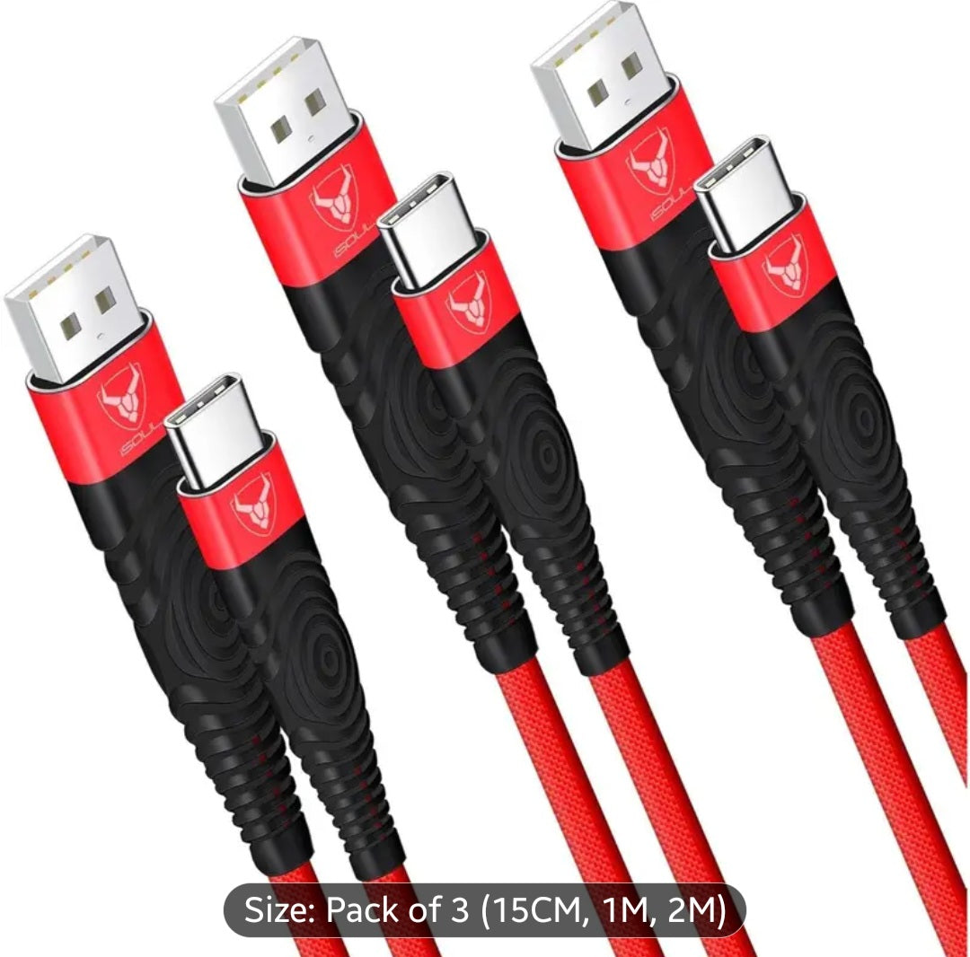USB C Charger Cable 3 Pack (15CM, 1M, 2M) – Fast Charging USB A to Type C Lead Durable Nylon Braided Phone Charger