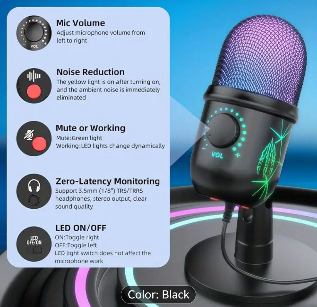 Microphone for Gaming, PC Use, Podcasting, And Studio Recording, Featuring a Headphone Jack, LED Indicator, Mute Function, And Noise Reduction