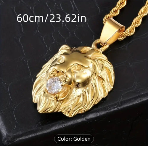 1 Classic Punk Style Inlaid Synthetic Cubic Zirconiaia Lion Pendant Necklace for Men's Rock Party Accessories