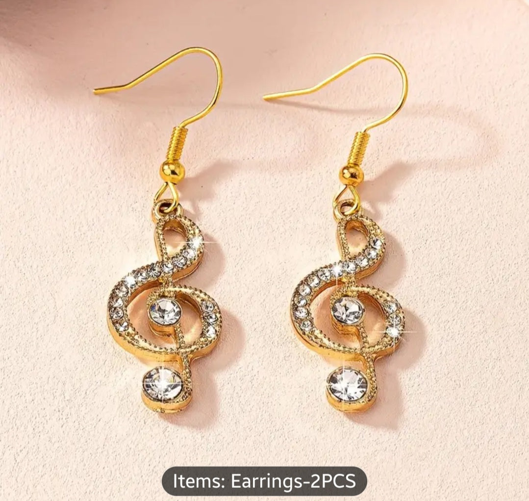 Sparkling Rhinestones - Elegant Music Note Dangle Earrings - Zinc Alloy with Glass Inlay - Perfect for Daily Wear & Parties