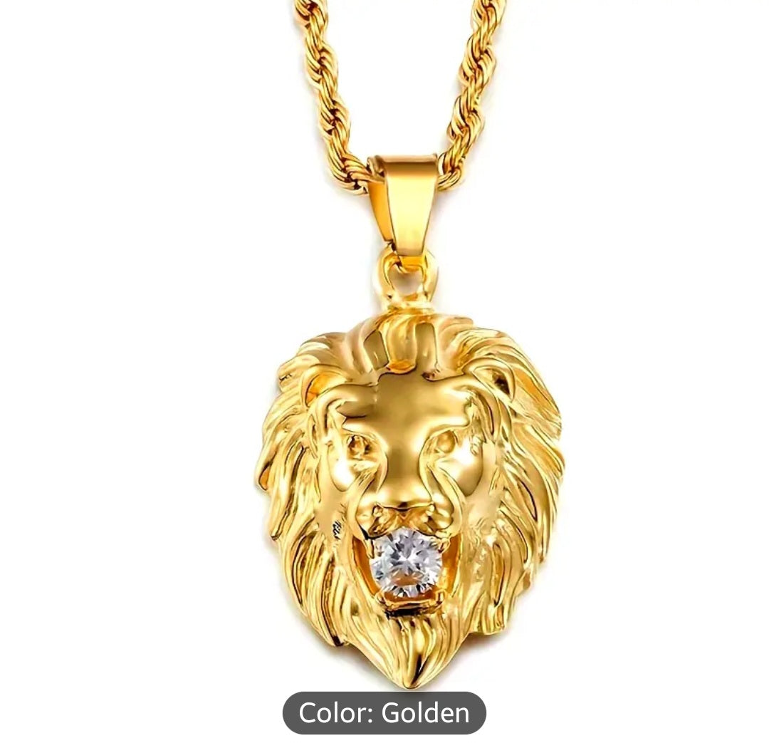 1 Classic Punk Style Inlaid Synthetic Cubic Zirconiaia Lion Pendant Necklace for Men's Rock Party Accessories