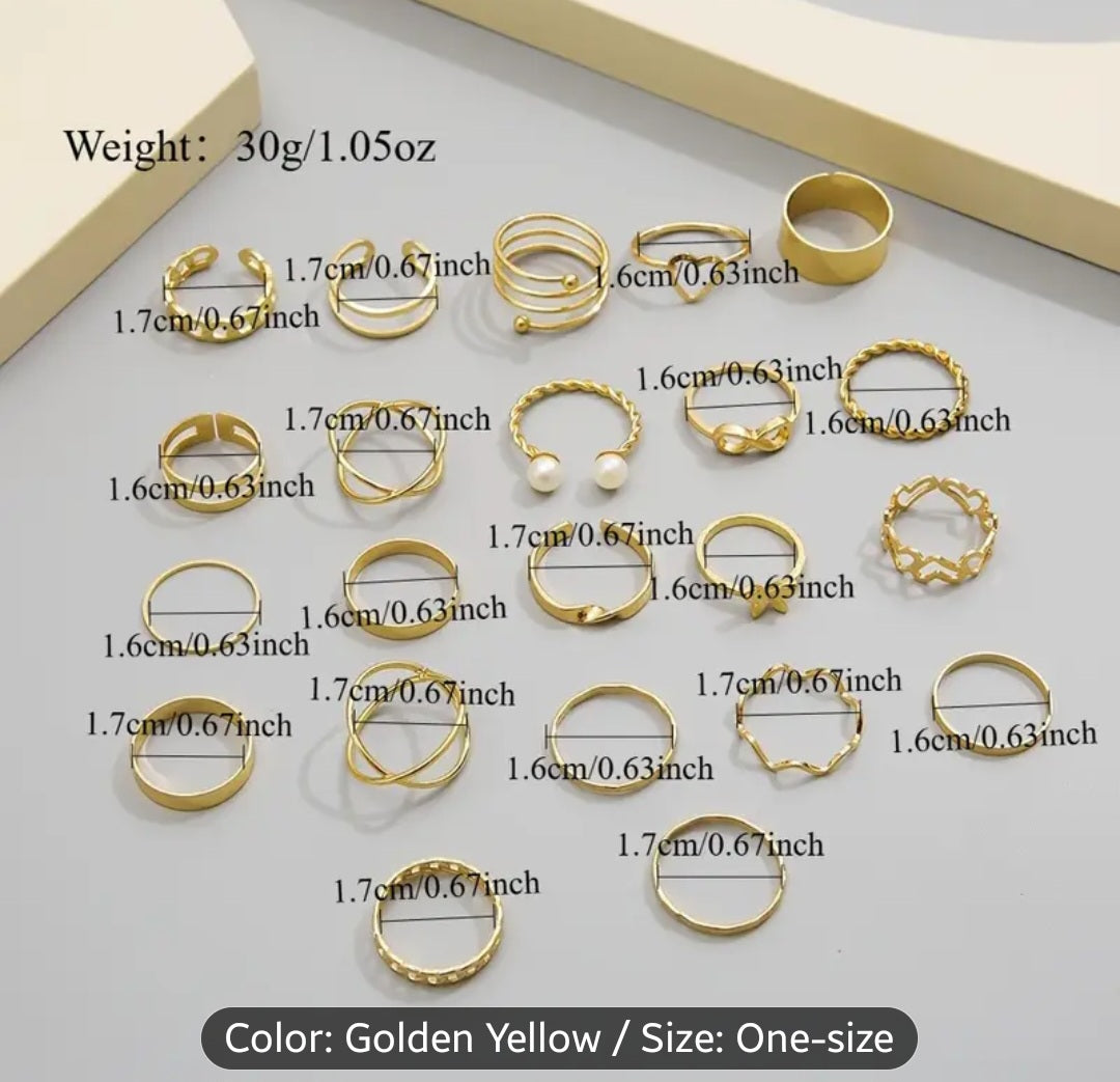 A Set of 22 Womens Rings in Golden Color Featuring Vintage, Fashionable, Minimalist, And Elegant Designs with Hollow Heart And Spiral Shapes. This Golden Ring Set Is Suitable for Daily Wear, Vacations, Parties, And Weddings