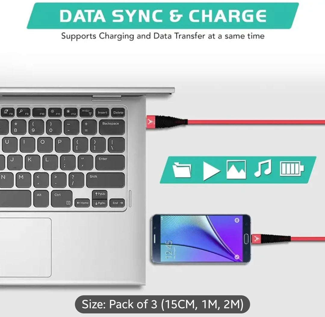 USB C Charger Cable 3 Pack (15CM, 1M, 2M) – Fast Charging USB A to Type C Lead Durable Nylon Braided Phone Charger
