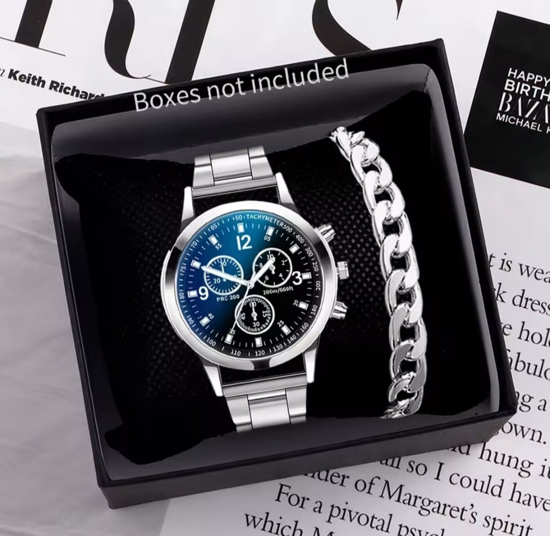 2PCS Mens Business Watch Steel Band Quartz With Bracelet