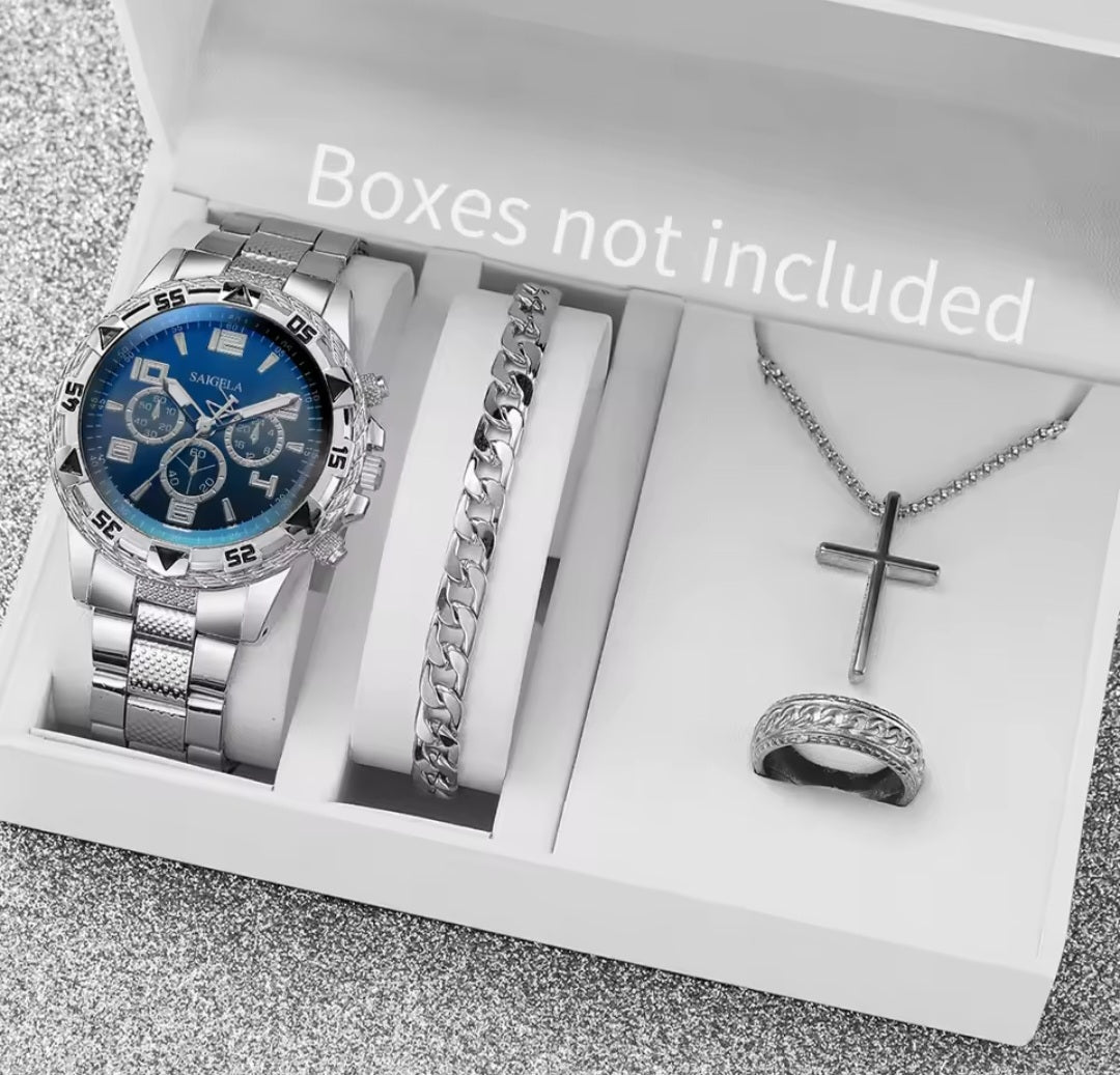 4 PCS Mens Watch Set Fashion Arabic Dial Quartz Silver Band Ring Necklace