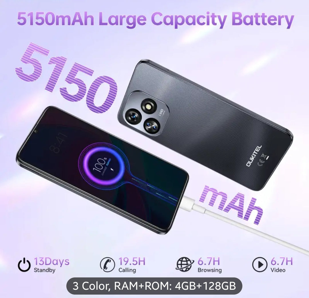 OUKITEL C51 SE | 2026 Android 14 Dual SIM Mobile Phone | 5150mAh | 16 (4+12)GB RAM + 128GB ROM | 6.8" HD+ Display | 13MP + 5MP Camera | Fingerprint Unlock / GPS (Perfect Gift for Friends & Family, Budget-Friendly)