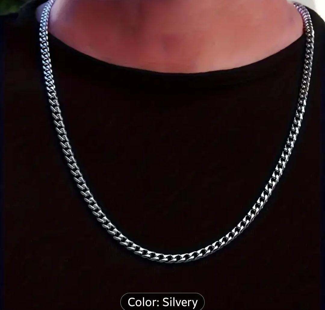 Fashion Men's Stainless Steel Cuban Link Chain - 7mm Silvery Chains, Trendy Accessory