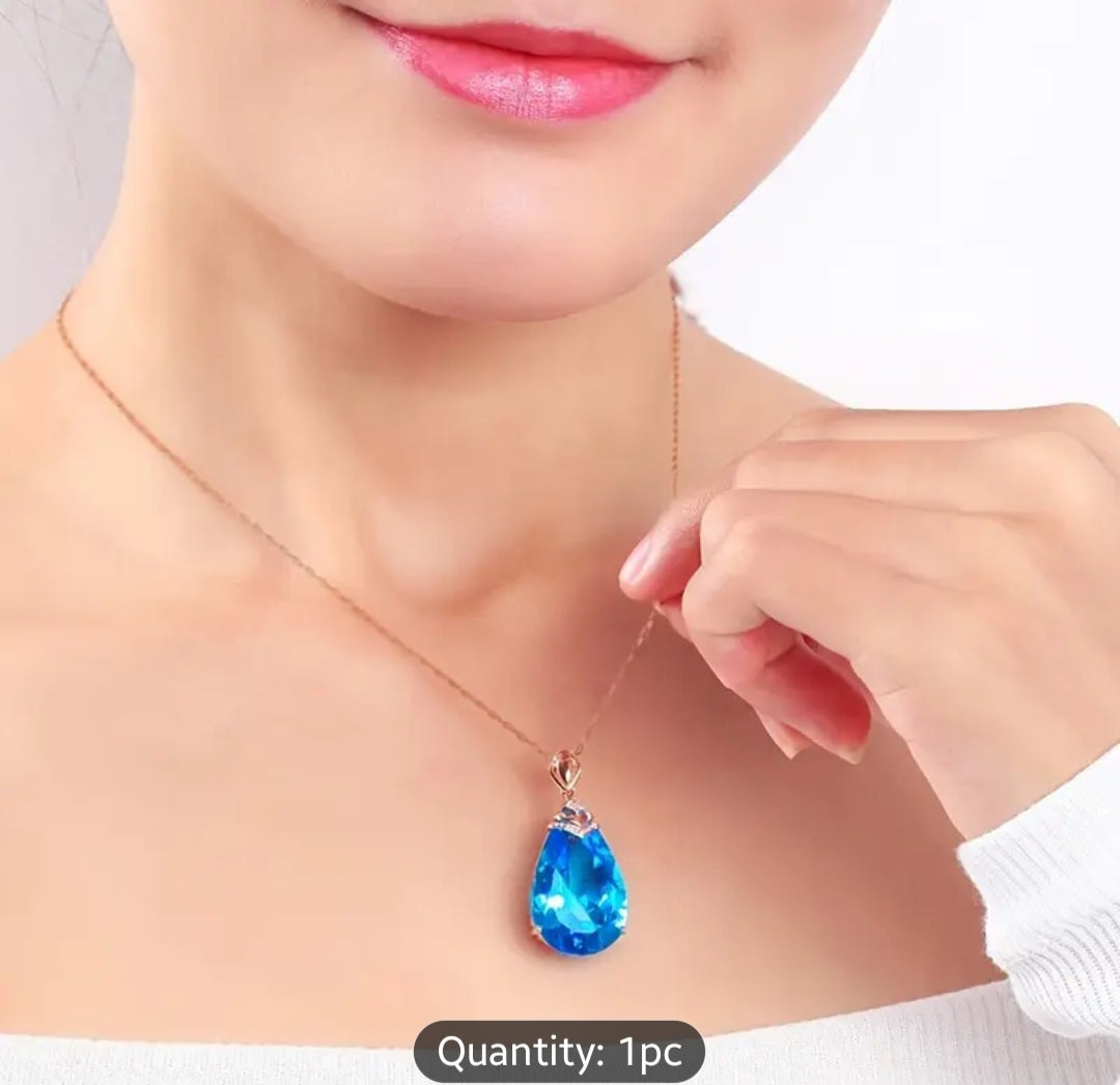 Elegant Teardrop Aqua Blue Zirconia Pendant Necklace - Perfect for Bridal & Wedding Jewelry, Perfect for Winter, New Year