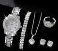 Women Luxury 6 PCS Watch Alloy Rhinestone Set With Bracelet Necklace And more