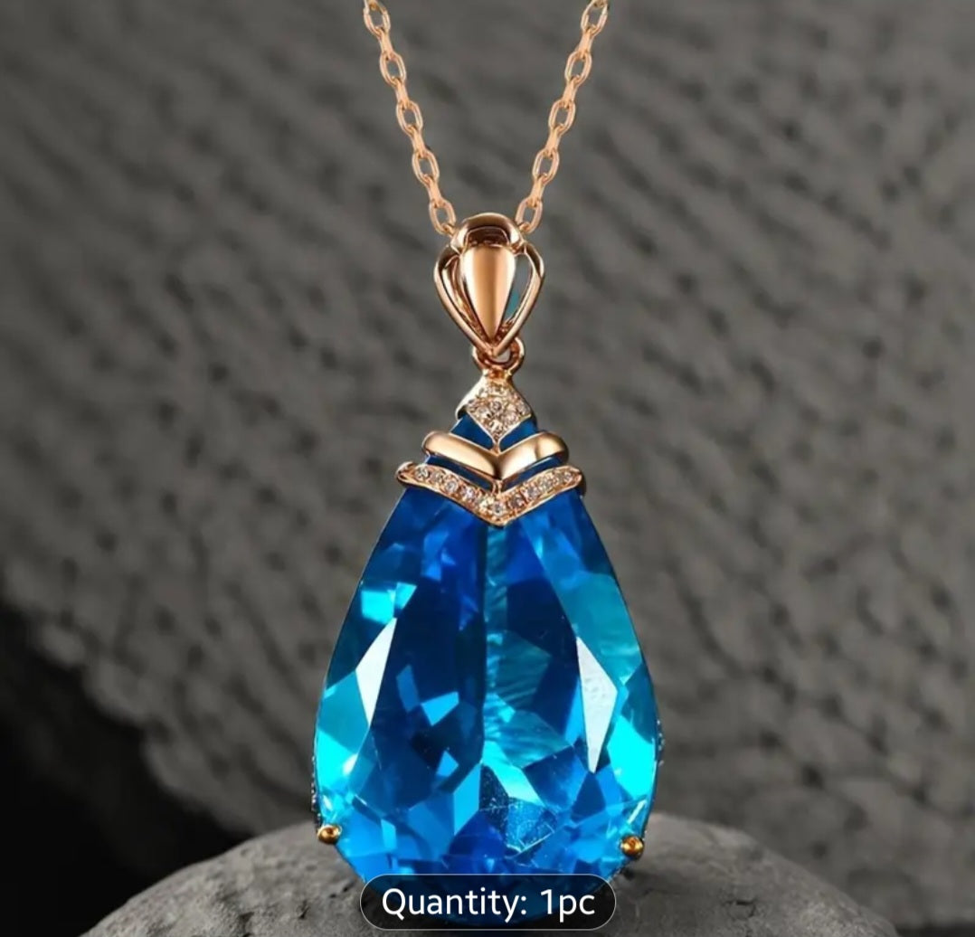 Elegant Teardrop Aqua Blue Zirconia Pendant Necklace - Perfect for Bridal & Wedding Jewelry, Perfect for Winter, New Year