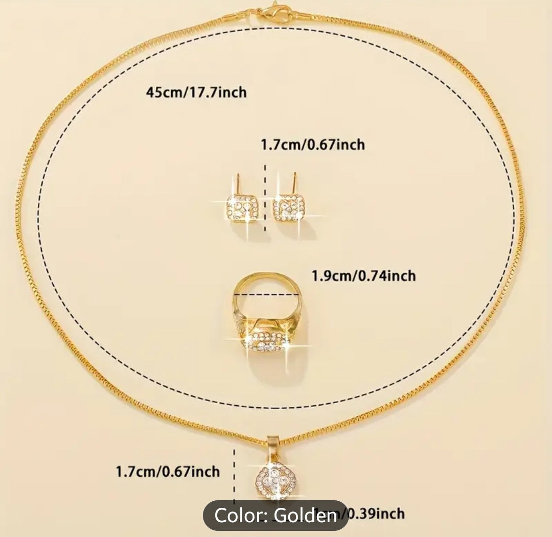 4 PCS Women's Stylish Square Jewelry Set - Minimalist Design, Glass Inlay, Alloy Base, Suitable for Everyday Wear