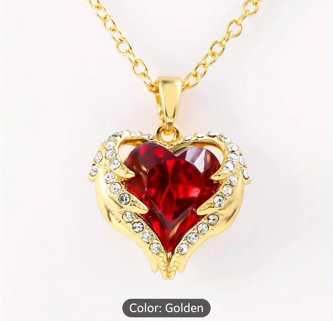 Angel Wing Pendant with Deep Red Heart-Shaped Synthetic Zirconia for Mother's Day and Valentine's Day
