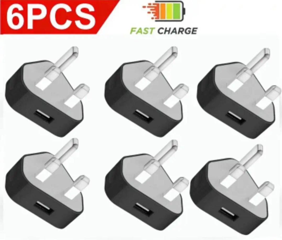6 Pack UK USB Wall Charger 3 Pin Plug Mains Adapter For Phones, Tablets Power