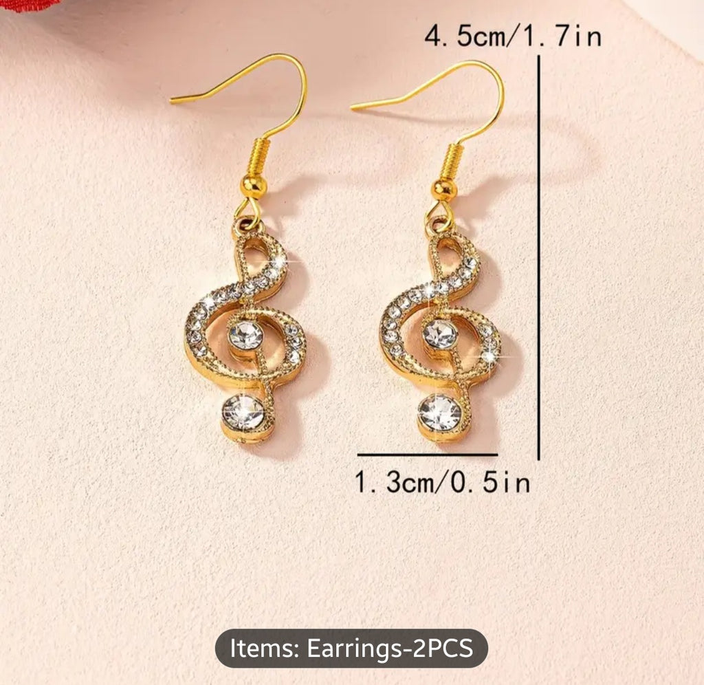 Sparkling Rhinestones - Elegant Music Note Dangle Earrings - Zinc Alloy with Glass Inlay - Perfect for Daily Wear & Parties