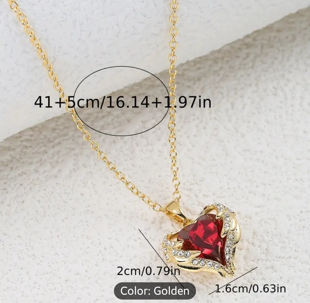 Angel Wing Pendant with Deep Red Heart-Shaped Synthetic Zirconia for Mother's Day and Valentine's Day