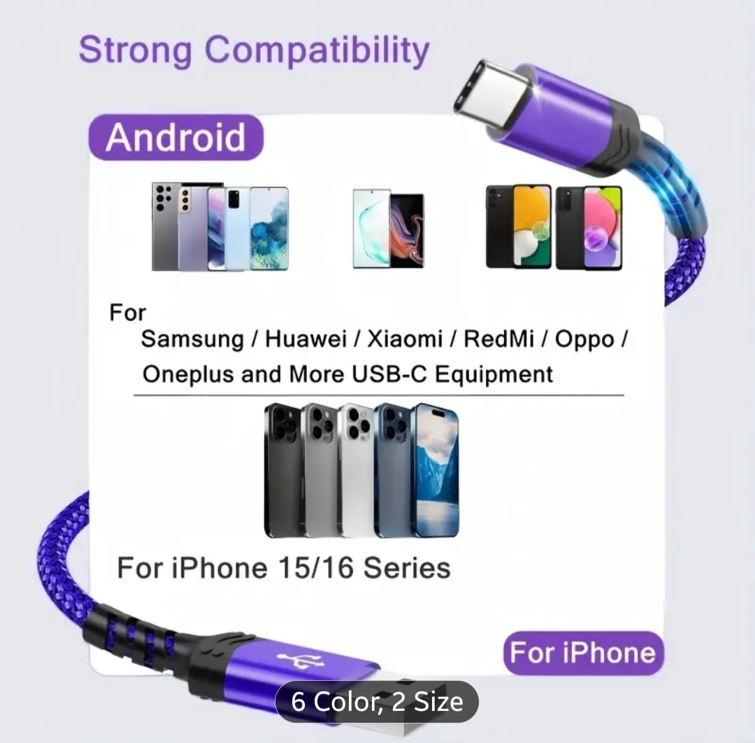 Tzlrxl USB-C nylon braided fast charging cable, compatible with for Samsung, OnePlus, Xiaomi, and other devices. Supports data transfer and charging, matte finish.