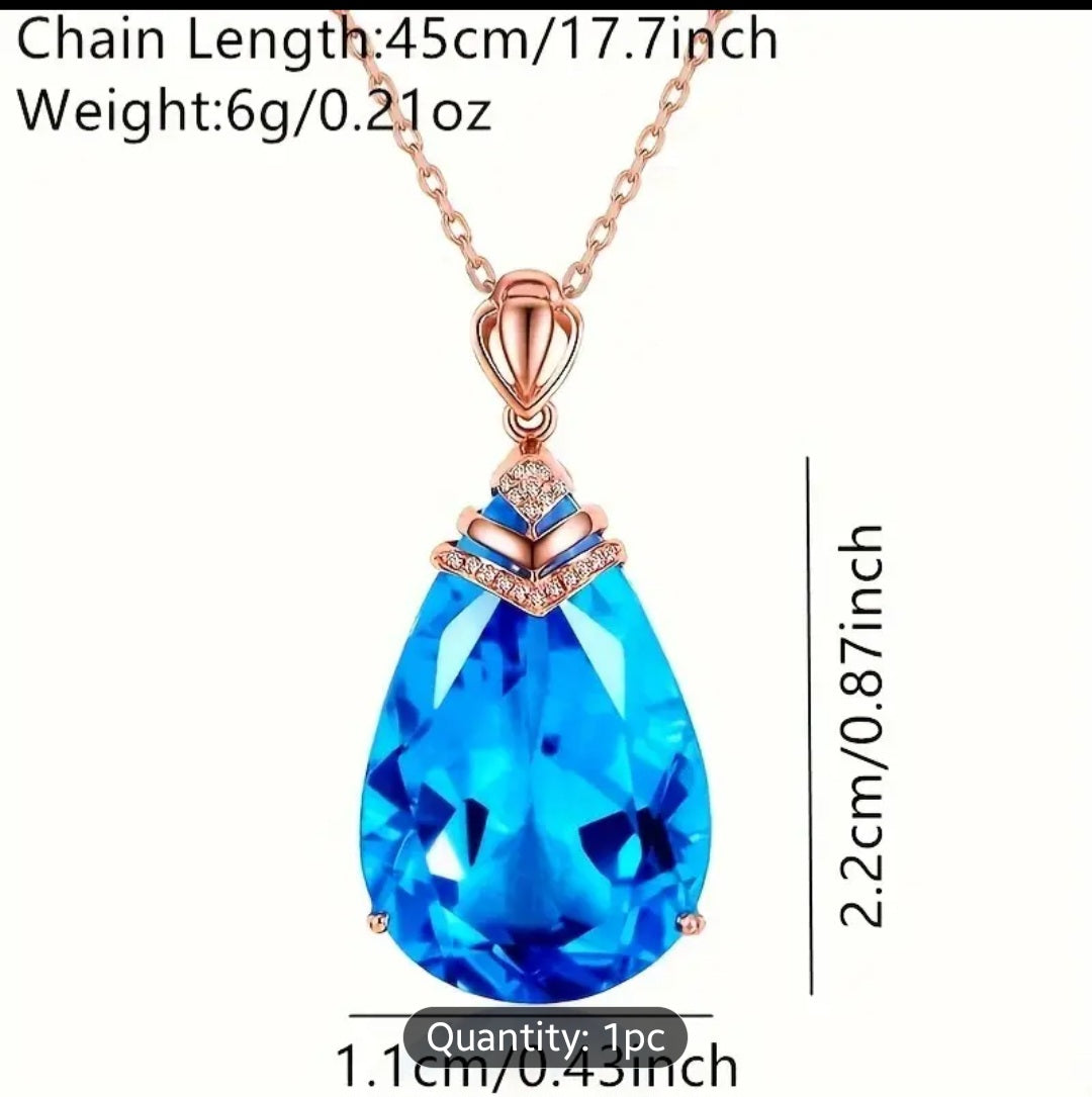 Elegant Teardrop Aqua Blue Zirconia Pendant Necklace - Perfect for Bridal & Wedding Jewelry, Perfect for Winter, New Year