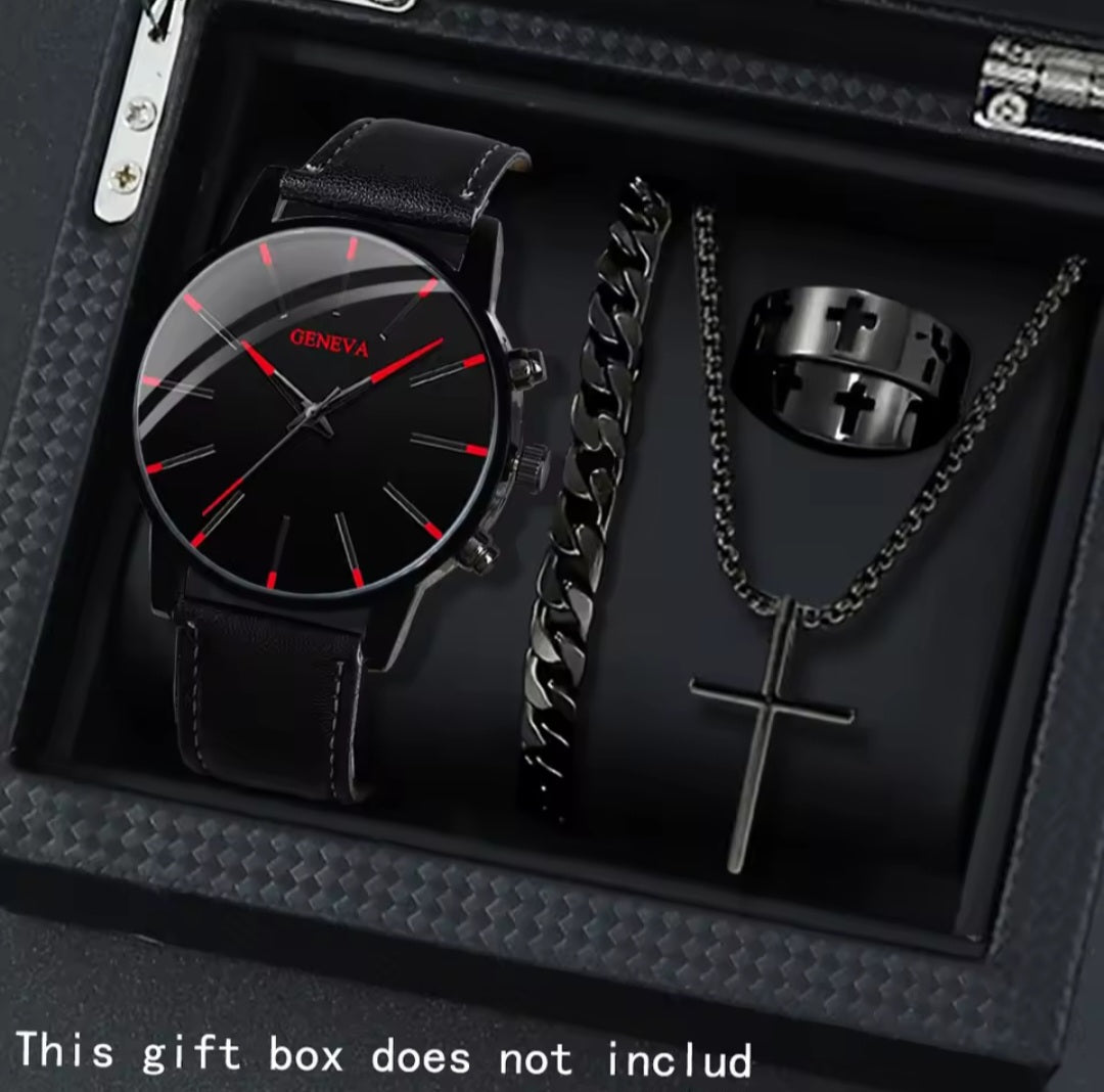 4 PCS Mens Leather Strap Watch Set With Watch Bracelet Necklace And Ring