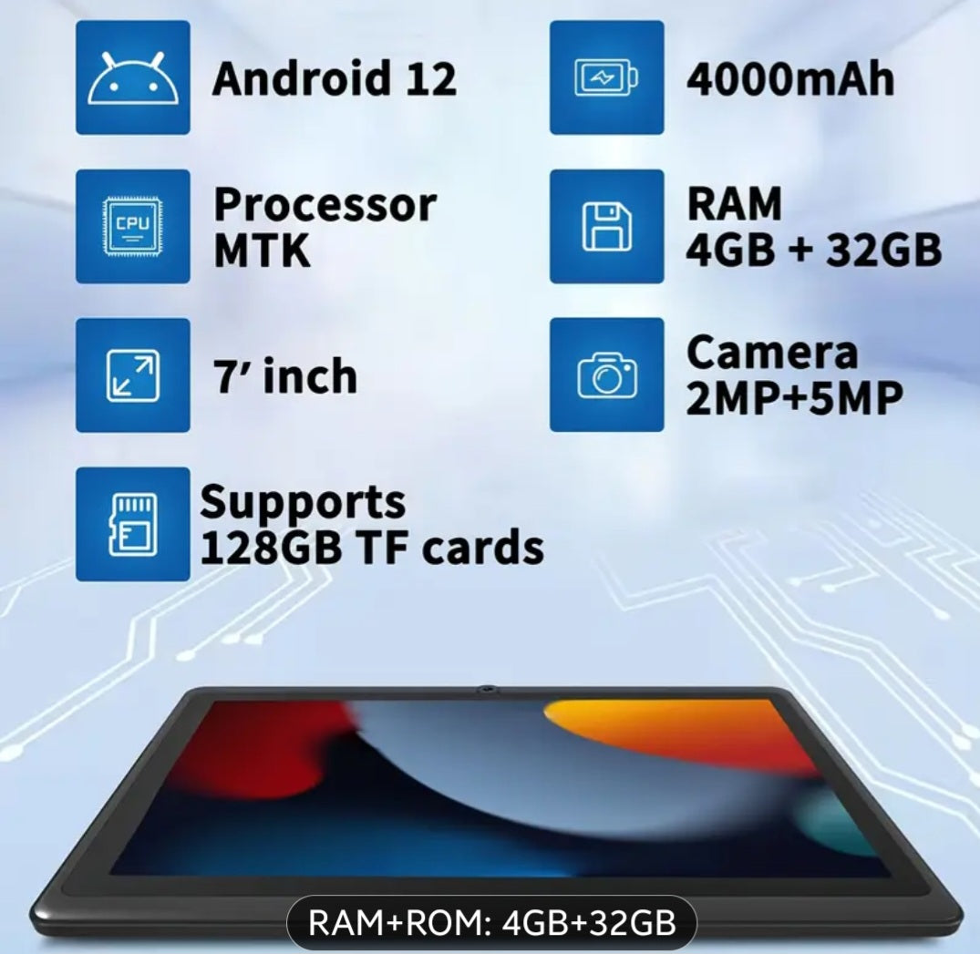I-Atar Android 12 Tablet Compatible with Android Apps - 7-inch Tablet PC, Quad-Core Processor, 4GB RAM/32GB ROM, 4000mAh Long-Lasting Battery, Wi-Fi, Front & Rear Cameras, Lightweight for,, Seniors (Ideal Gift) - Tablet