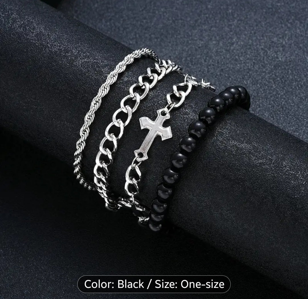 4pcs Men's Cross Bead Bracelet Set - Layered Stackable Multi-Style Chains (Cross, Beads) for Casual & Dressy Wear, Everyday Gift for Boyfriend, Dad, Husband - Durable & Versatile Layered for Parties, Dates